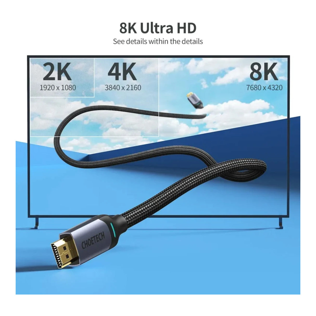 Choetech 8K HDMI 2.1 Male to Male Braided Cable 2m 01.02.04.XHH01-BK