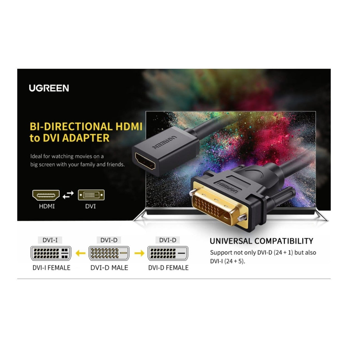 Ugreen 15cm DVI Male to HDMI Female1080p Full HD Cable Adapter Black 20118