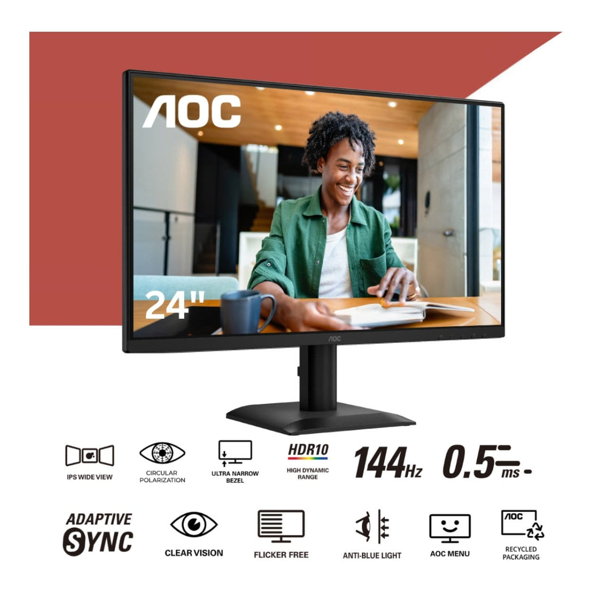 AOC 24E40L 23.8-inch 1920 x 1080p FHD 16:9 144Hz 0.5ms LED IPS Circular Polarized Monitor