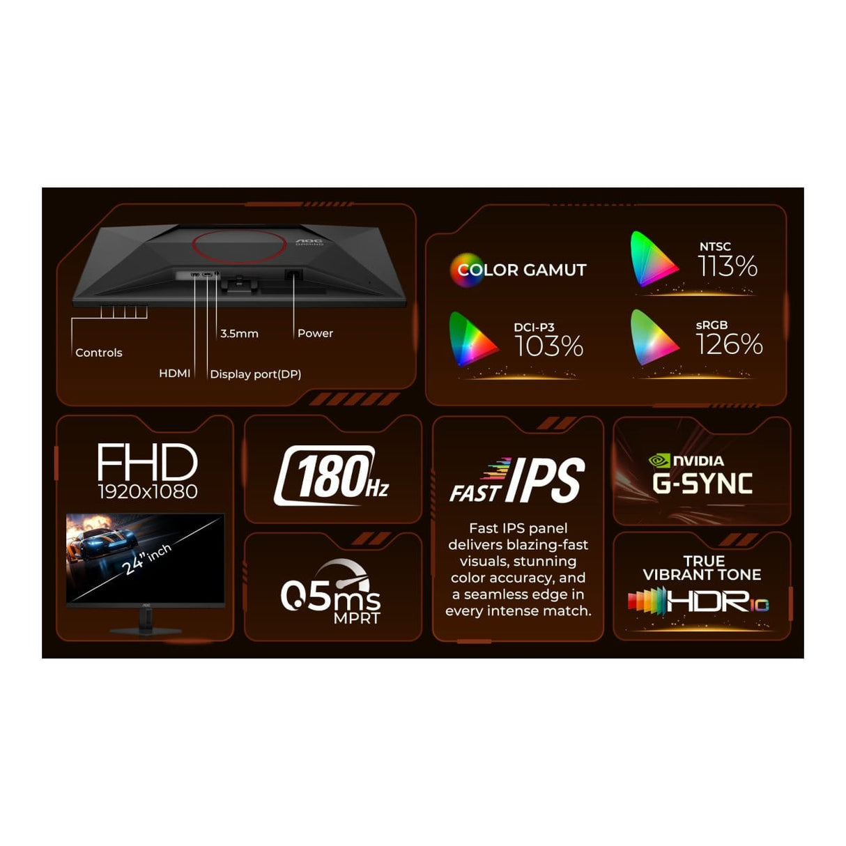 AOC 24G4E 23.8-inch 1920 x 1080p FHD 16:9 180Hz 0.5ms LED IPS Gaming Monitor