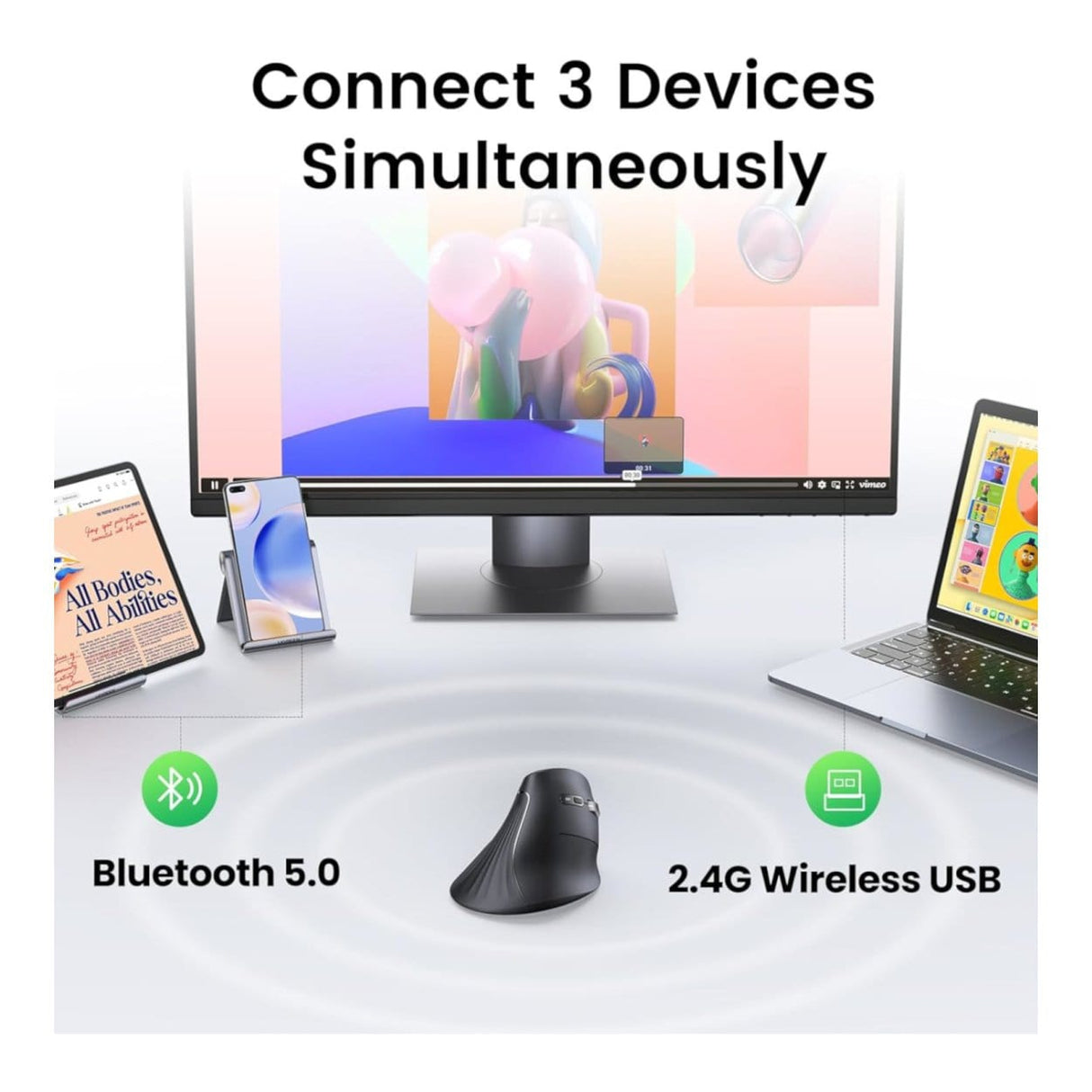 Ugreen Multi-Mode Bluetooth and 2.4G Wireless Vertical Mouse Black 25444