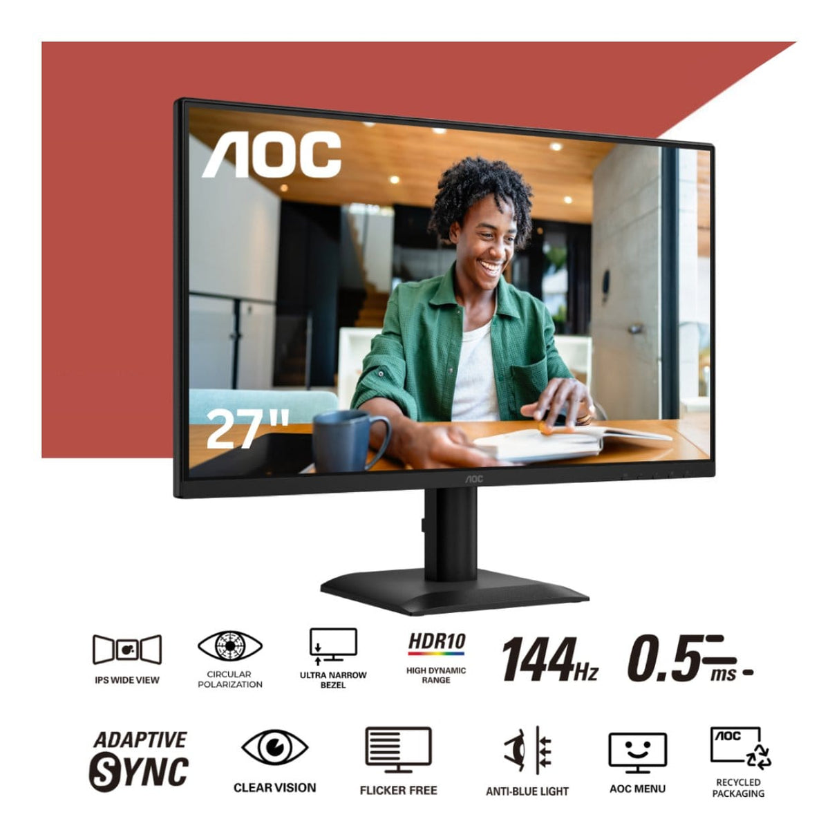 AOC 27E40L 27-inch 1920 x 1080p FHD 16:9 144Hz 0.5ms LED IPS Circular Polarized Monitor
