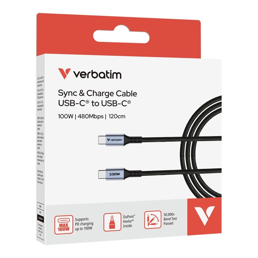 Verbatim 1.2m USB-C to USB-C 100W Sync and Charge Cable Black 31846
