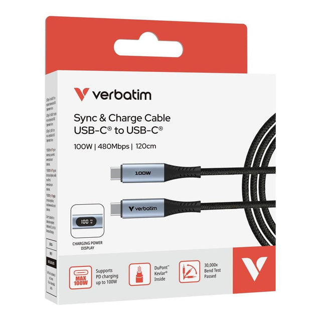 Verbatim 1.2m USB-C to USB-C 100W Sync & Charge Cable with Power Display Black 61848