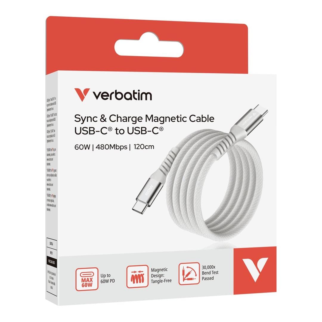 Verbatim 1.2m USB-C to USB-C 60W Sync and Charge Magnetic Cable Grey 38150