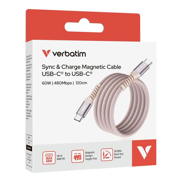 Verbatim 1.2m USB-C to USB-C 60W Sync and Charge Magnetic Cable Pink 31853
