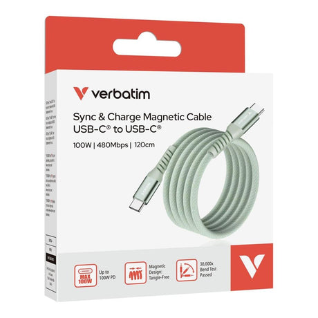 Verbatim 1.2m USB-C to USB-C 100W Sync and Charge Magnetic Cable Green 31855
