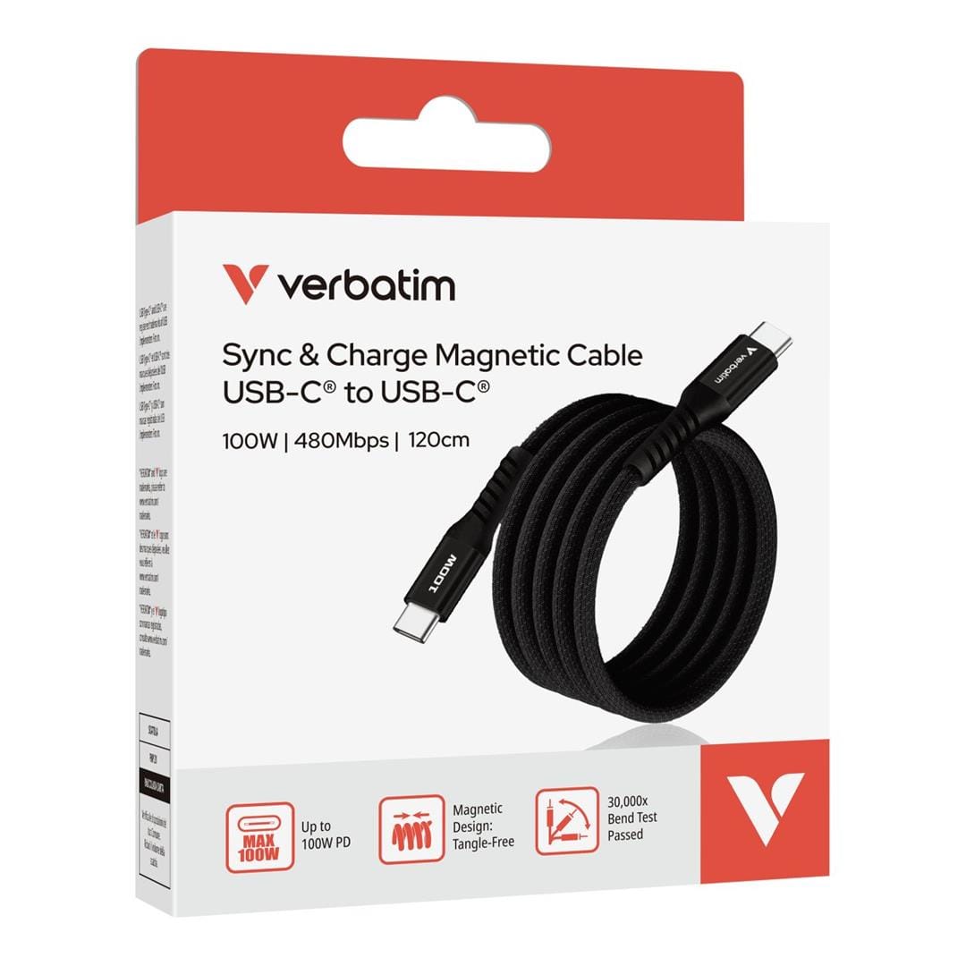 Verbatim 1.2m USB-C to USB-C 100W Sync and Charge Magnetic Cable Black 31863