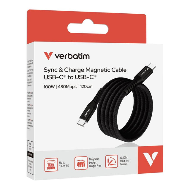 Verbatim 1.2m USB-C to USB-C 100W Sync and Charge Magnetic Cable Black 31863