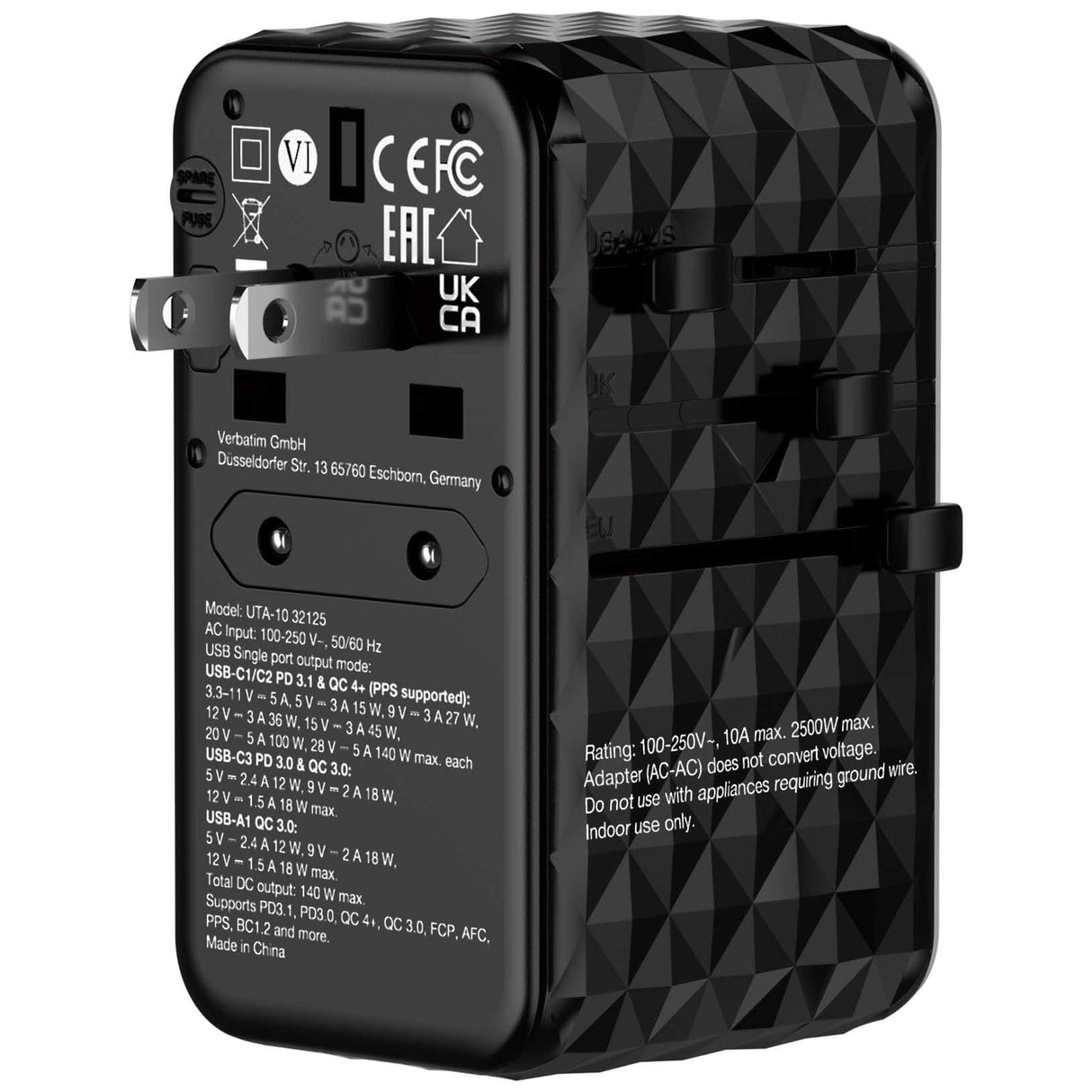 Verbatim UTA-10 140W GaN III Universal Travel Adapter 32125