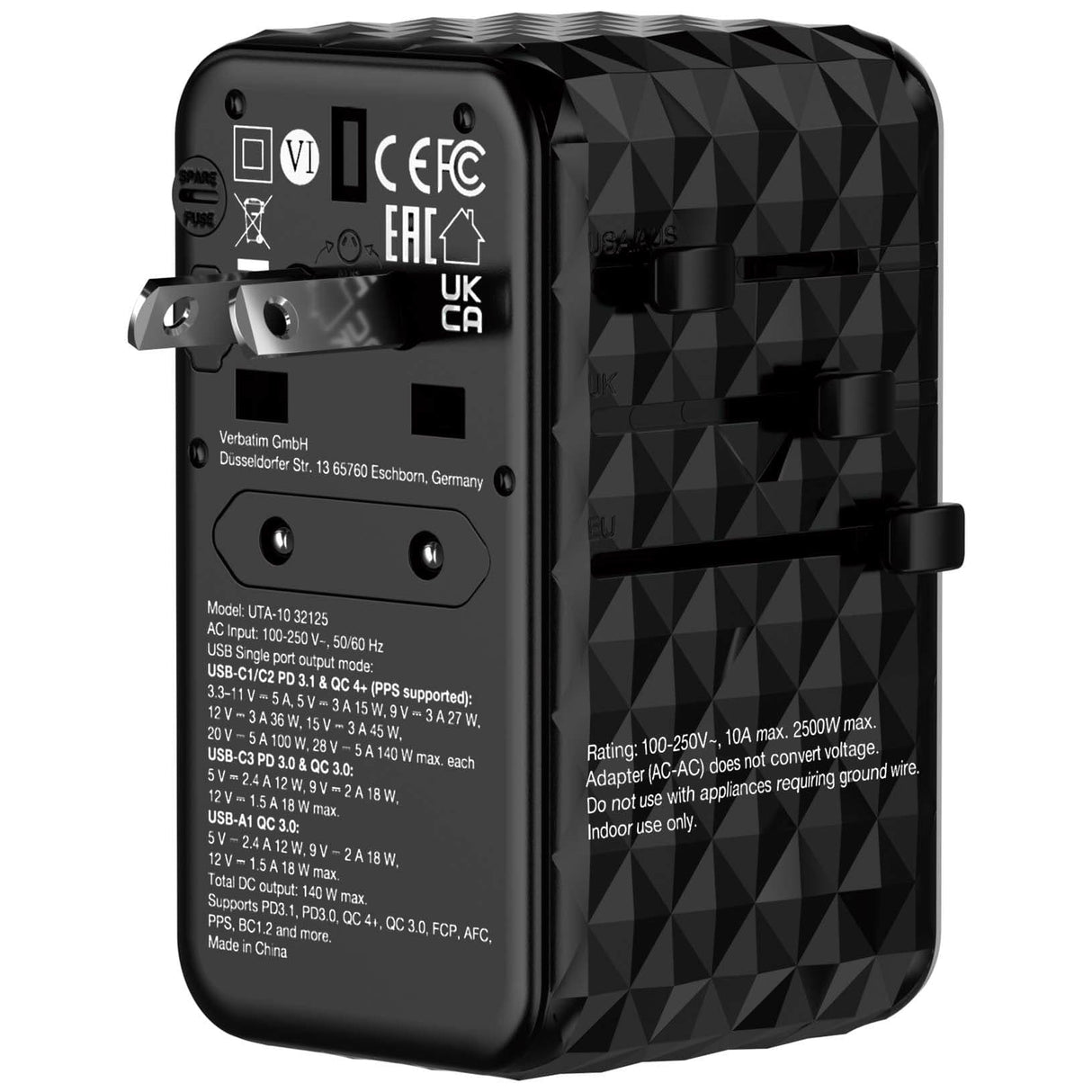 Verbatim UTA-10 140W GaN III Universal Travel Adapter 32125