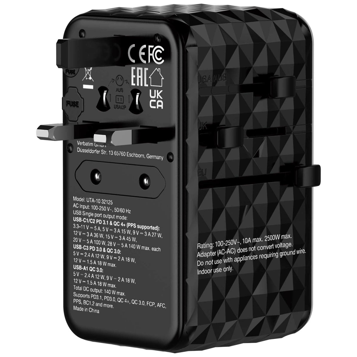 Verbatim UTA-10 140W GaN III Universal Travel Adapter 32125