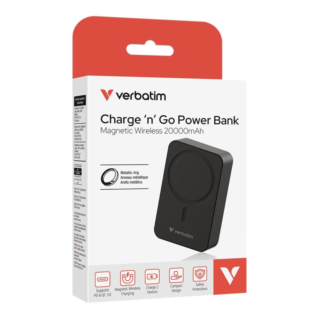 Verbatim Charge n Go Essentials 20000mAh Magnetic Wireless Powerbank Black 32223