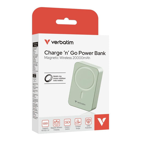 Verbatim Charge n Go Essentials 20000mAh Magnetic Wireless Powerbank Green 32224