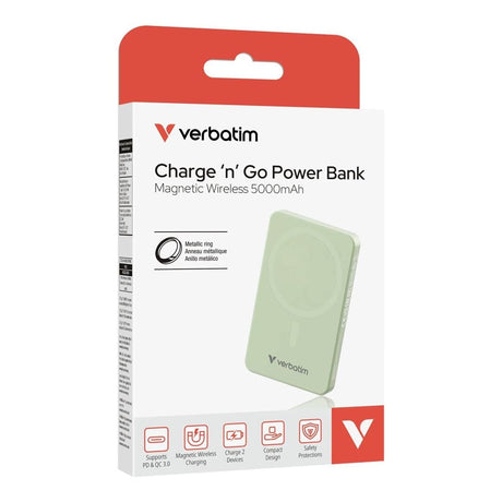 Verbatim Charge n Go Essentials 5000mAh Magnetic Wireless Powerbank Green 32226