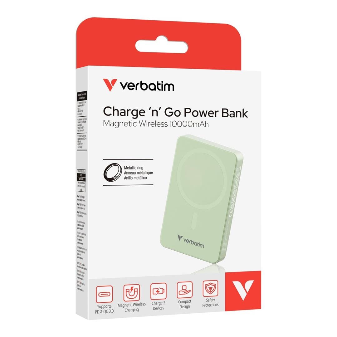 Verbatim Charge n Go Essentials 10000 mAh Magnetic Wireless Powerbank Green 32228