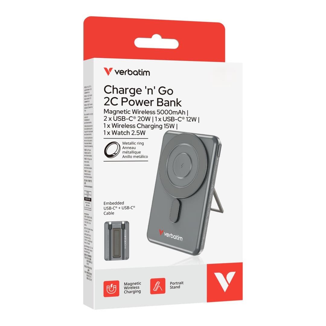 Verbatim 5,000mAh Charge n Go Two Cable Magnetic Wireless Charging Power Bank Grey 32251
