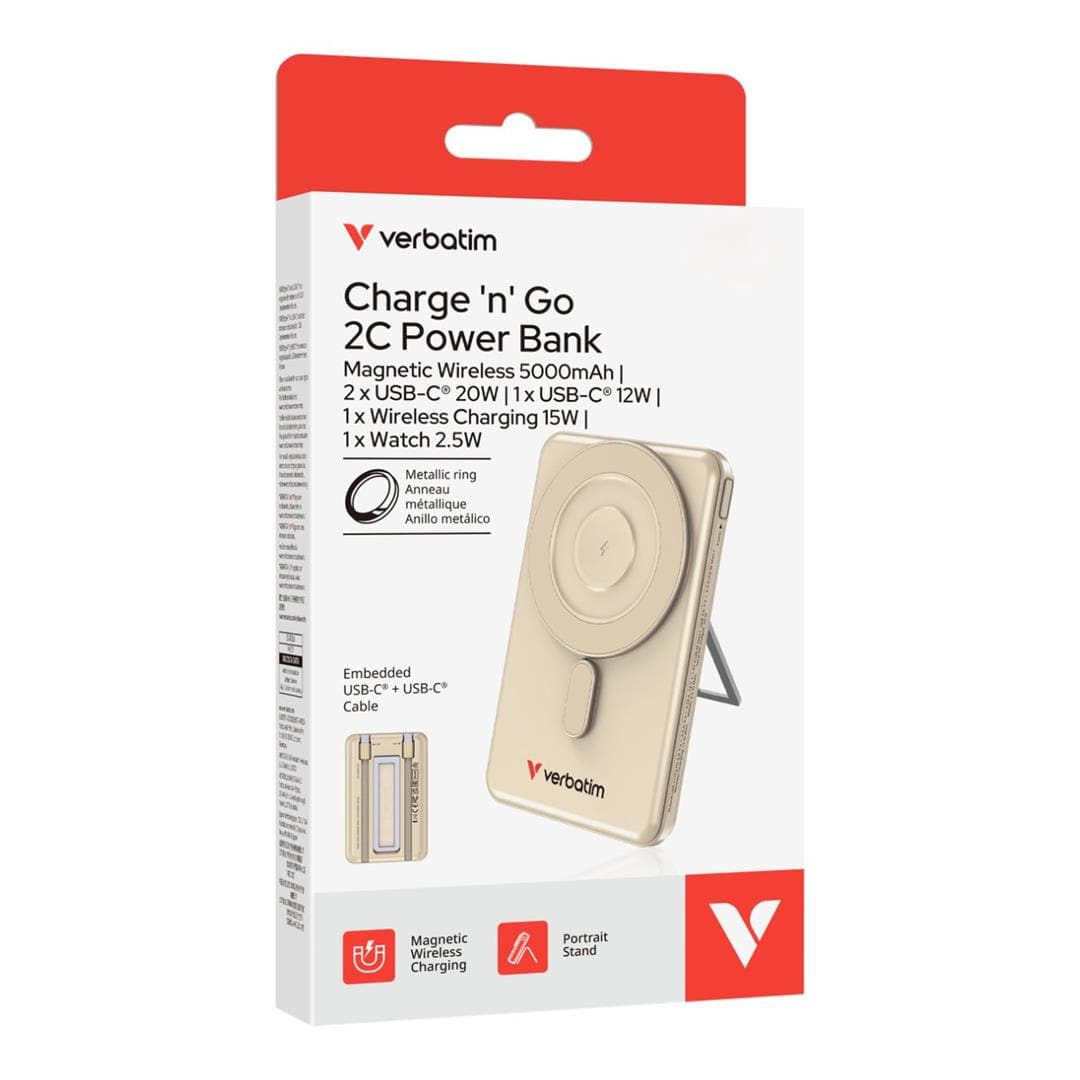 Verbatim 5,000mAh Charge n Go Two Cable Magnetic Wireless Charging Power Bank Gold 32253