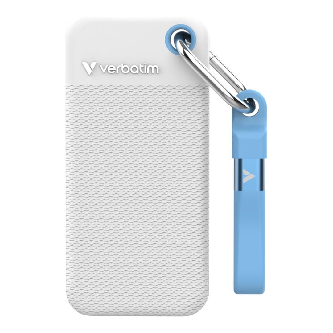 Verbatim 2TB Pocket SSD USB 3.2 Gen 2 with Two Rubber Sleeves White and Light Blue 32321