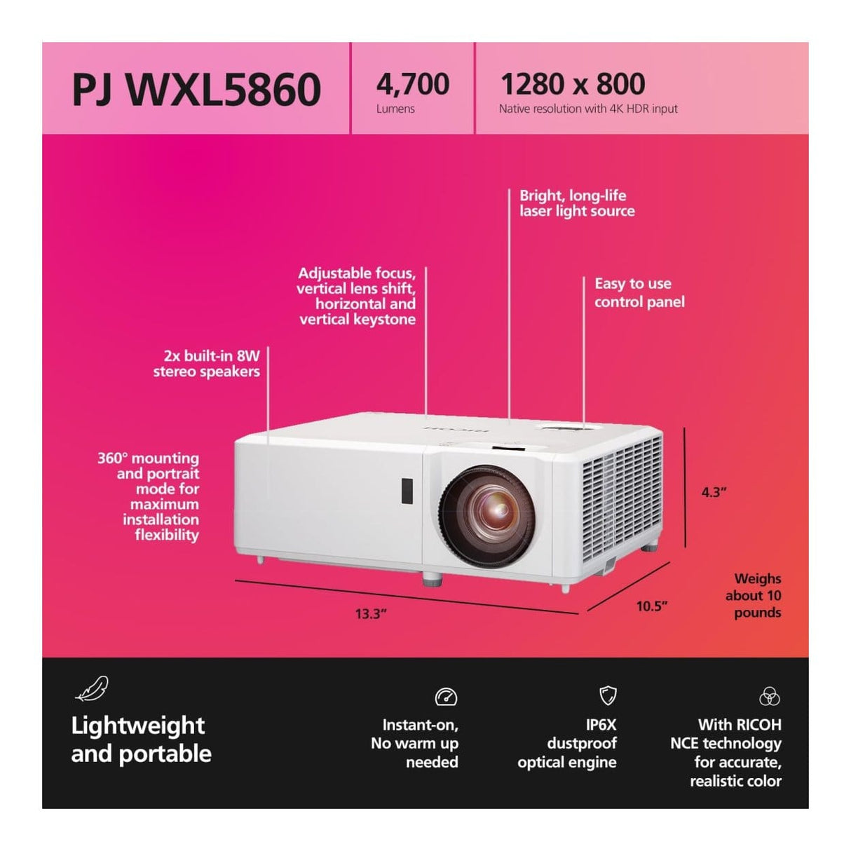 Ricoh PJ WXL5860 4700 ANSI Lumens DLP Compact Laser Projector White 432481