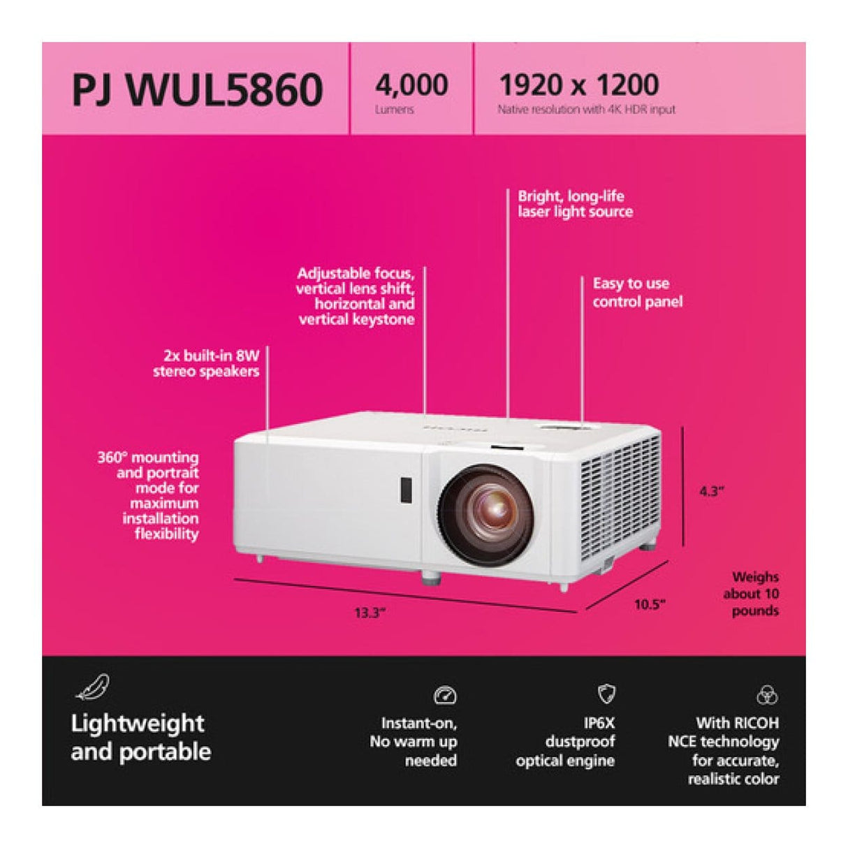 Ricoh PJ WUL5860 4000 ANSI Lumens DLP Laser Projector White 432482
