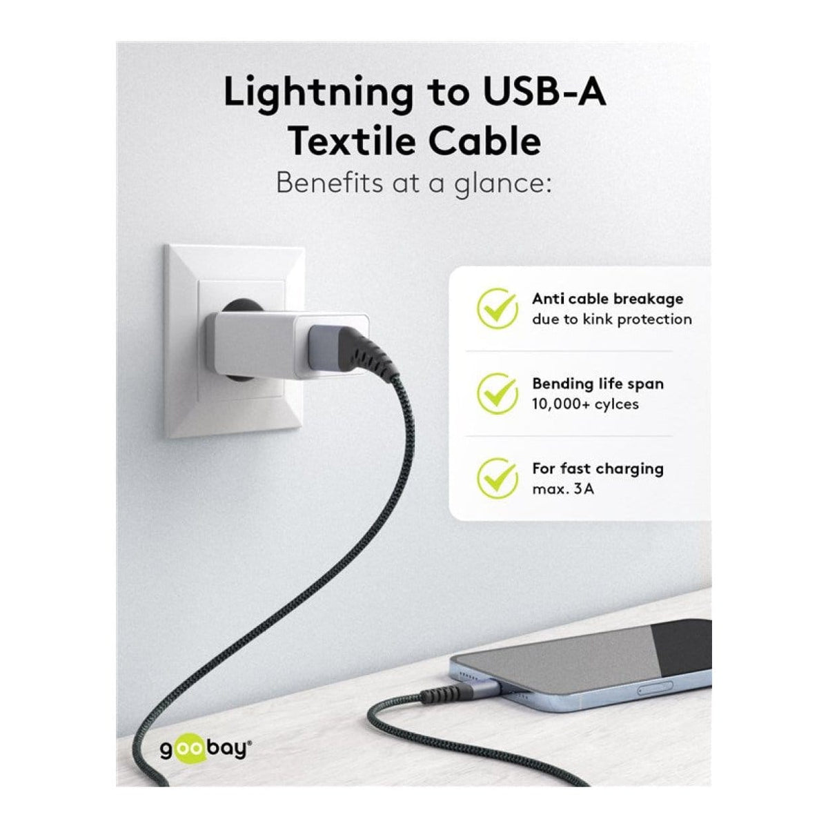 Goobay 1m USB-A to Lightning Textile Charging Cable with Metal Plugs 49268