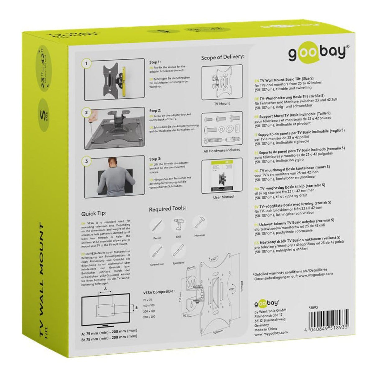 Goobay 23-inch to 42-inch Basic Fixed Tilt and Swivel TV Wall Mount 51893