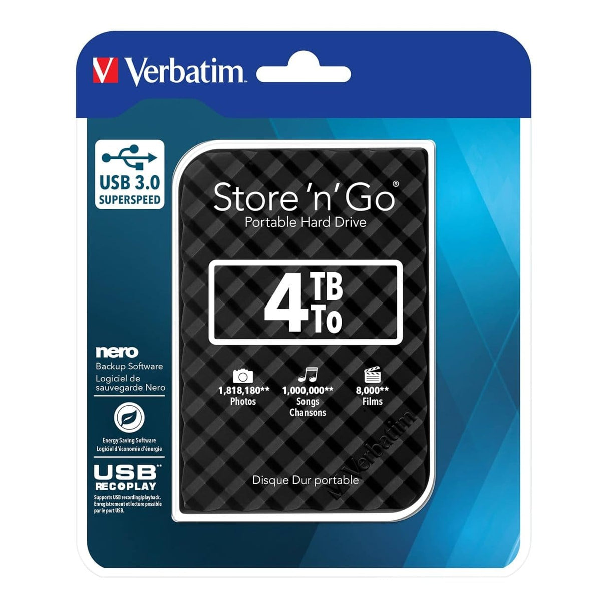 Verbatim Store 'n' Go 4TB USB 3.0 Black External Hard Drive 53223