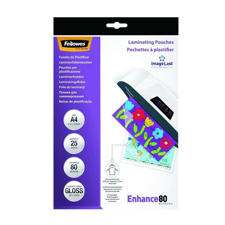 Fellowes Enhance 80 Micron A4 Glossy Laminating Pouches 25pack 53962