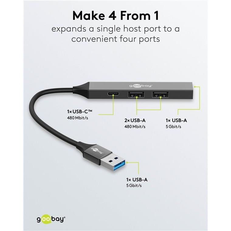 Goobay USB 3.2 Gen 1 Type-A 5000 Mbit/s Interface Hub Light Grey 74458