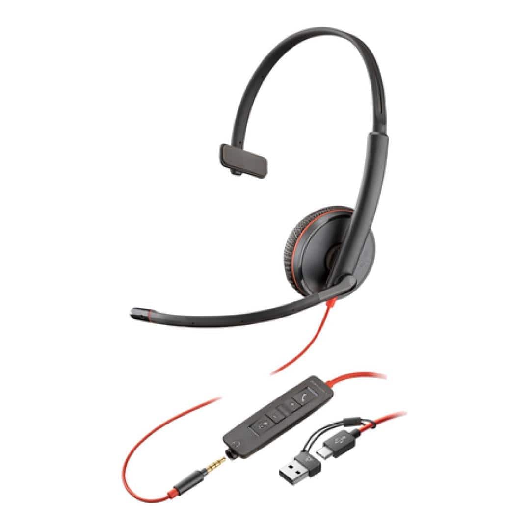 Poly Blackwire 3215 Monaural USB-C Headset with 3.5mm Plug and USB-C/A Adapter 8X227A6