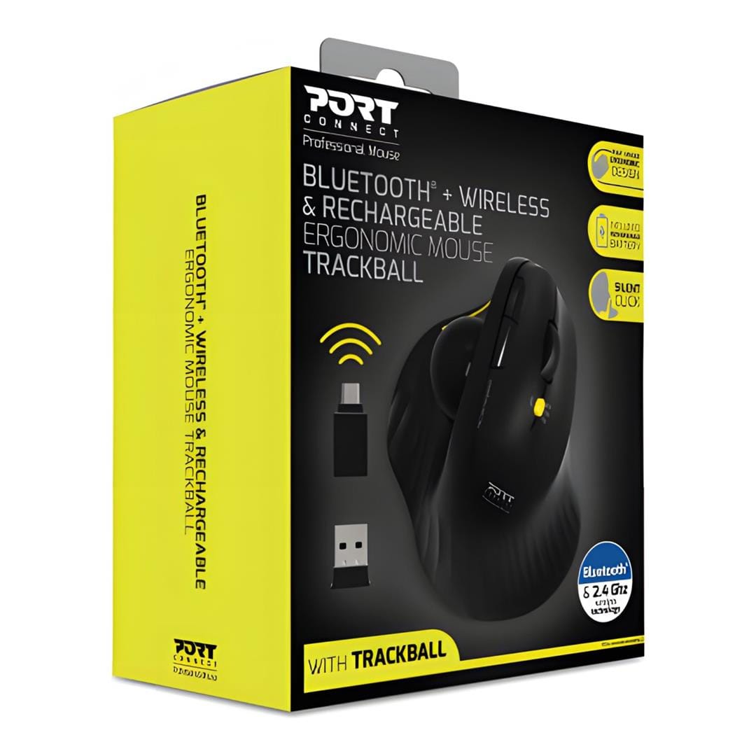 Port Designs Rechargeable Ergonomic Trackball 2.4GHz 1600 DPI Wireless Mouse Black 900719