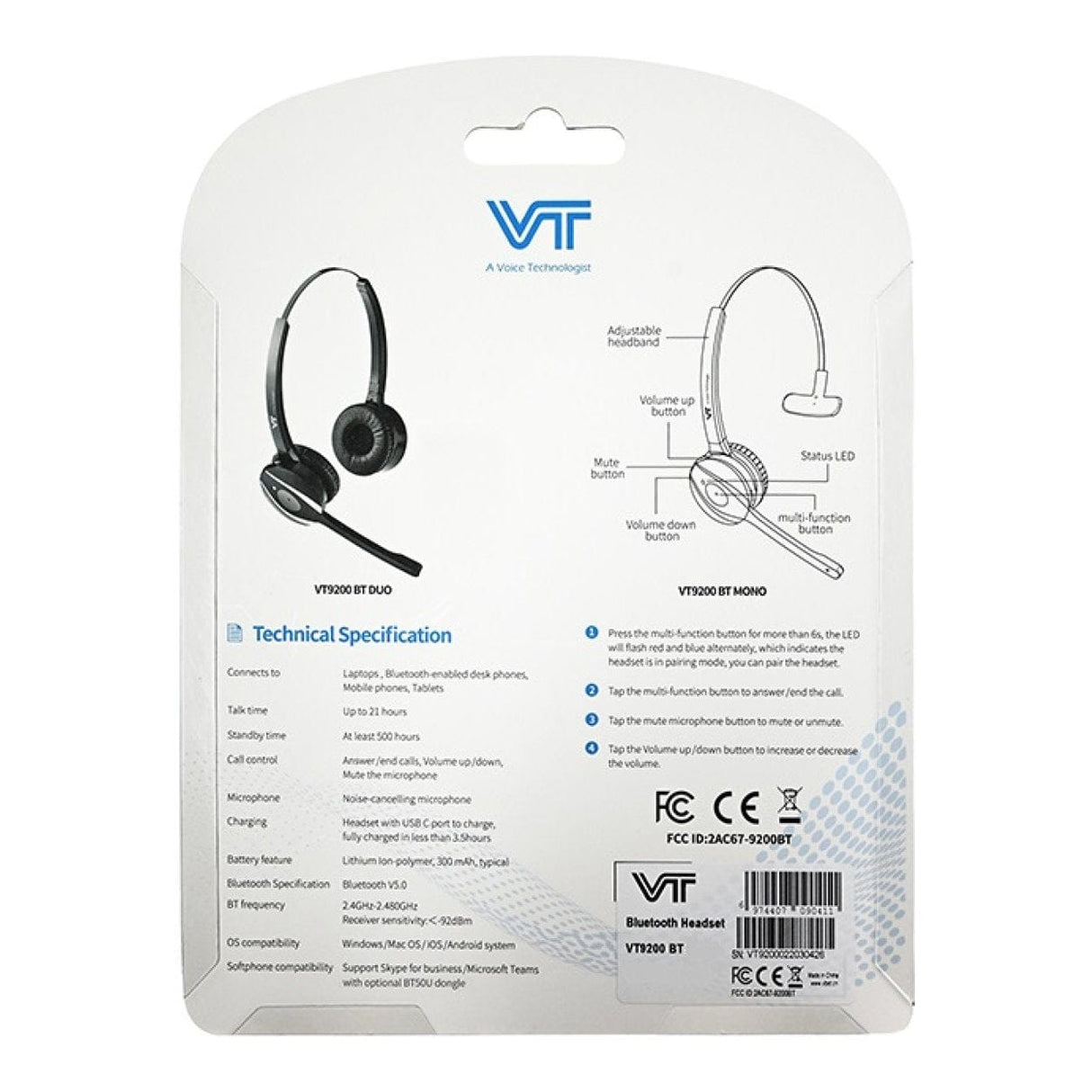 VT 9200BT Duo Bluetooth Headset 9250-00-00