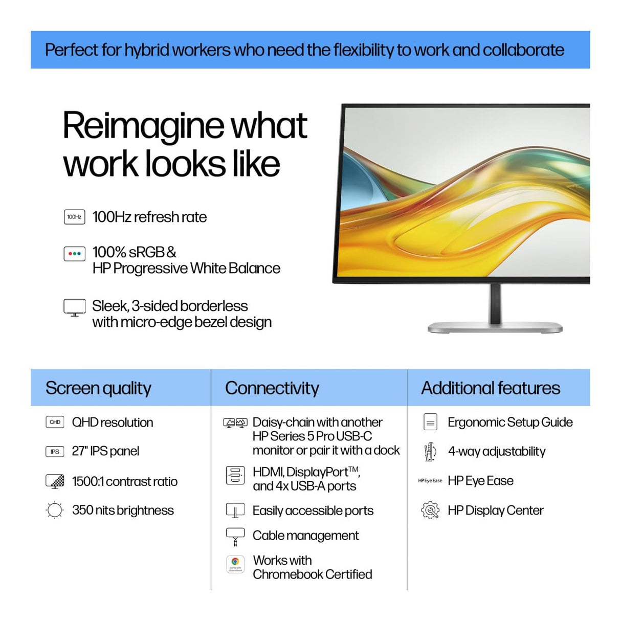 HP Series 5 Pro 527pq 27-inch 2560 x 1440p QHD 16:9 100Hz 5ms LED IPS Monitor 9D9S0UT