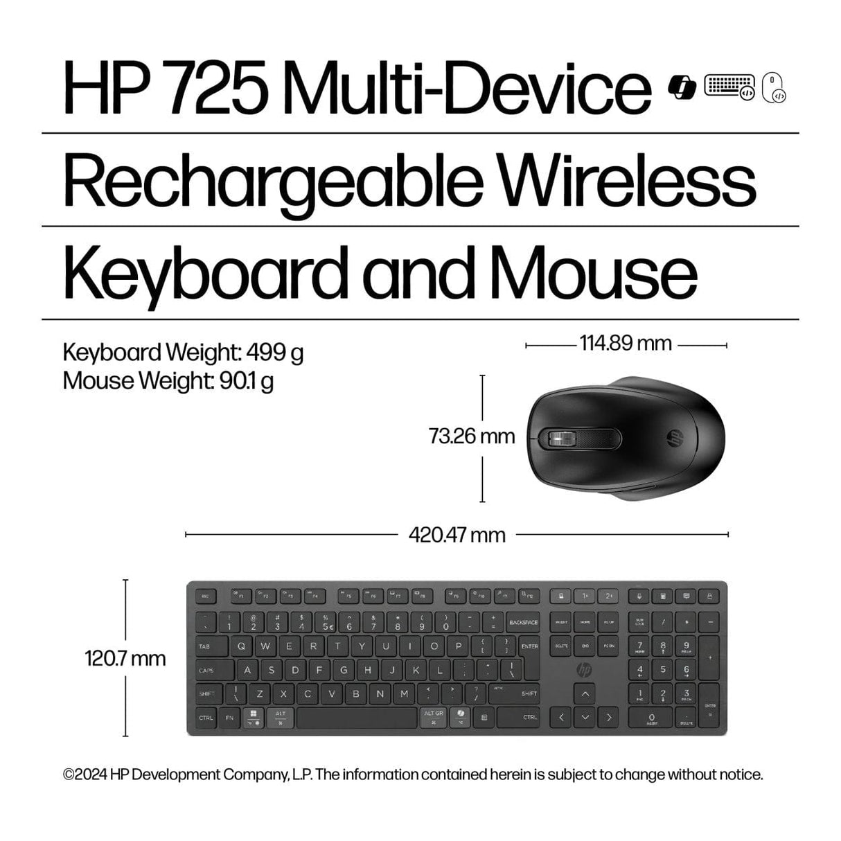 HP 725 Multi-Device Rechargeable Wireless Keyboard and Mouse Combo Black 9T5B0UT
