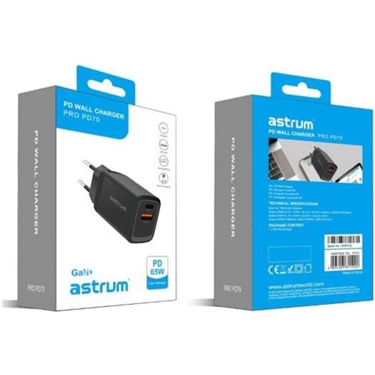 Astrum PD70 Pro 65W Dual port USB-C Wall Charger A92670UBEU