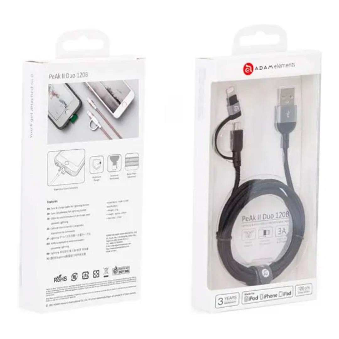 Adam Elements PeAk II Duo 2-in-1 USB to Lightning Cable 1.2m Grey ACBAD120DMBRPGY