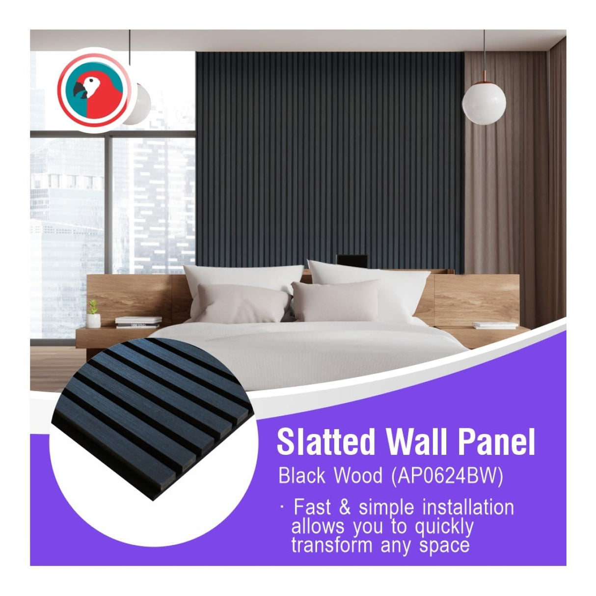 Parrot 600x2400mm Slatted Wall Panel Black Wood AP0624BW