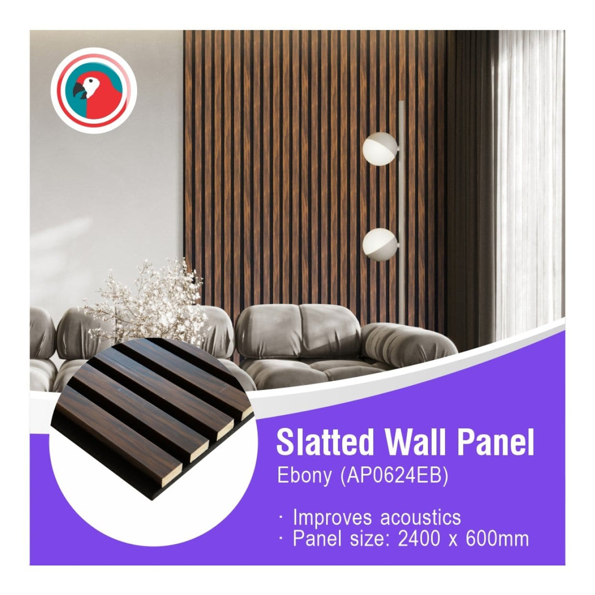Parrot 600x2400mm Slatted Wall Panel Ebony AP0624EB