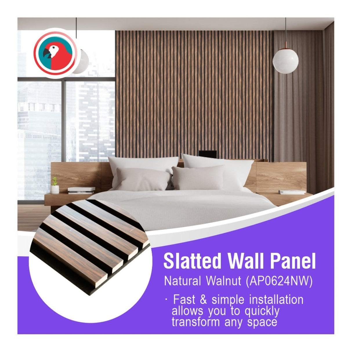 Parrot 600x2400mm Natural Walnut Slatted Wall Panel AP0624NW