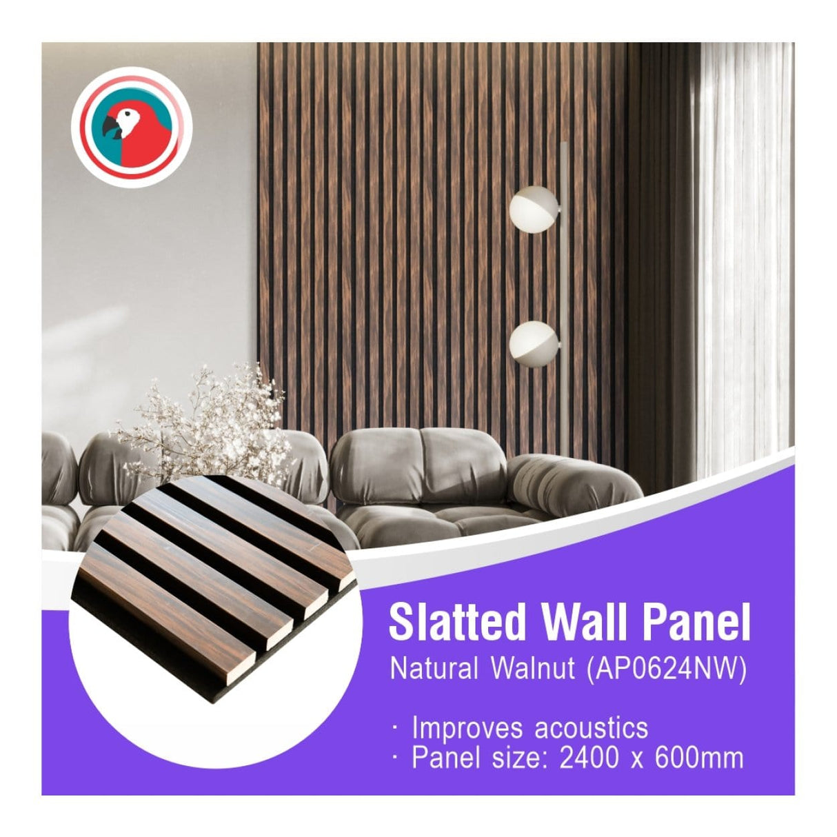 Parrot 600x2400mm Natural Walnut Slatted Wall Panel AP0624NW