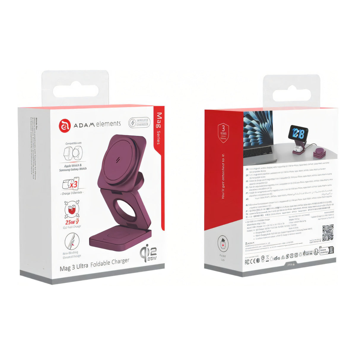 Adam Elements Mag 3 Ultra Qi2 3-in-1 Foldable Charging Station - Burgandy APAADMAG3ULBG