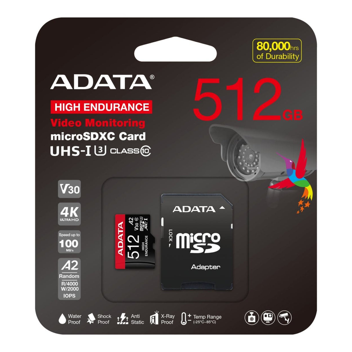 ADATA High Endurance 512GB UHS-I Class 10 MicroSDXC Memory Card AUSDX512GUI3V30SHA2-RA1