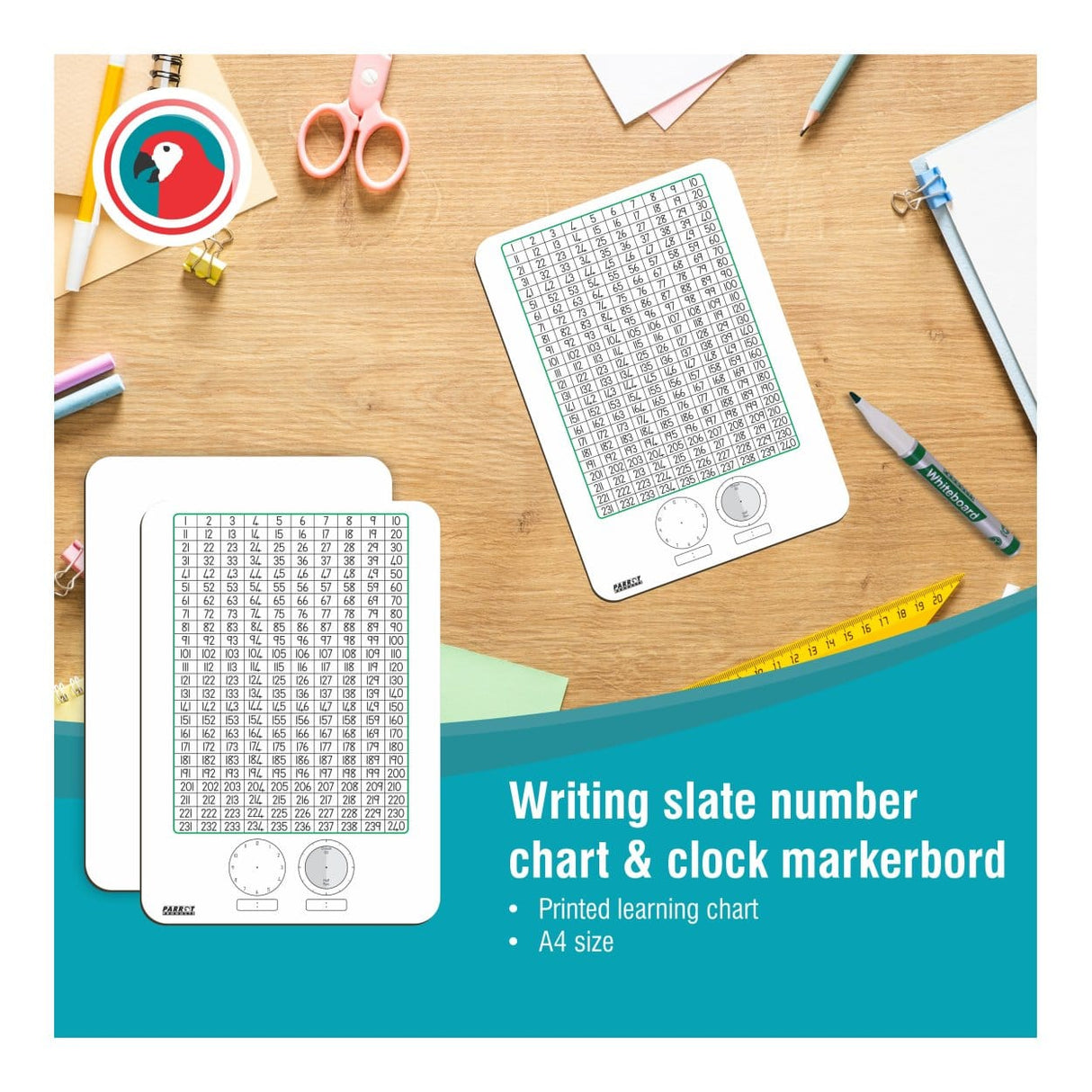 Parrot 297x210mm Tens Writing Slate Number Chart and Clock Markerboard BD1002D