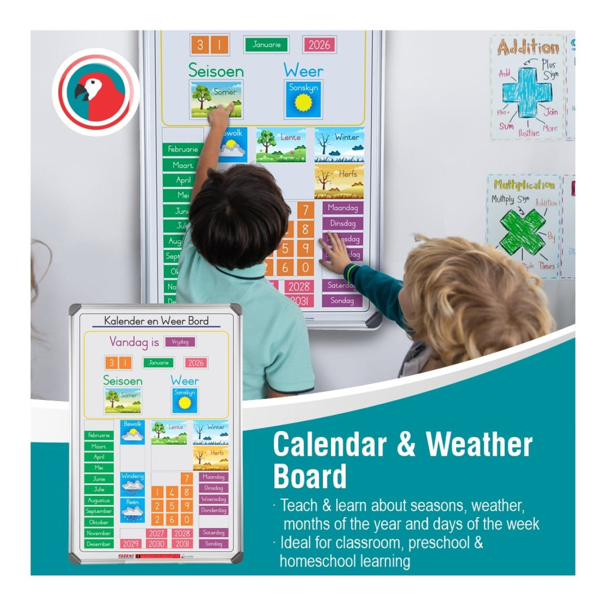 Parrot 900x600mm Slimline Magnetic Calendar And Weather Board Afrikaans BD1125CW-A