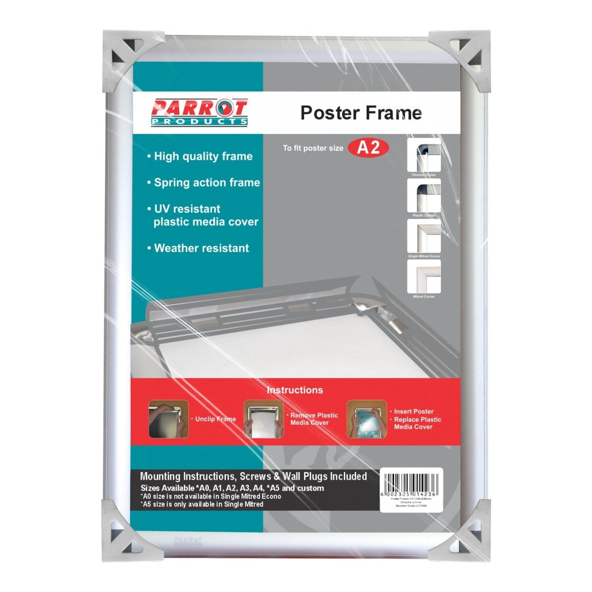 Parrot Poster Frame A2 655x480mm Plastic Corner BG3102