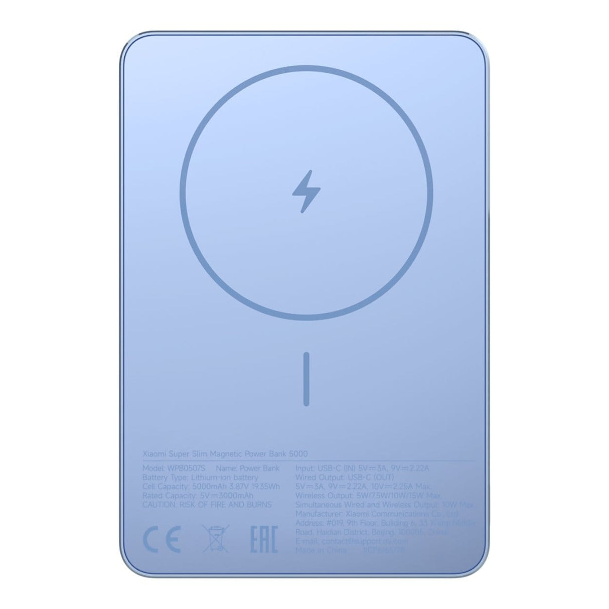 Xiaomi Super Slim 5000mAh Lithium-Ion Magnetic Power Bank with Wireless Charging Blue BHR08POGL