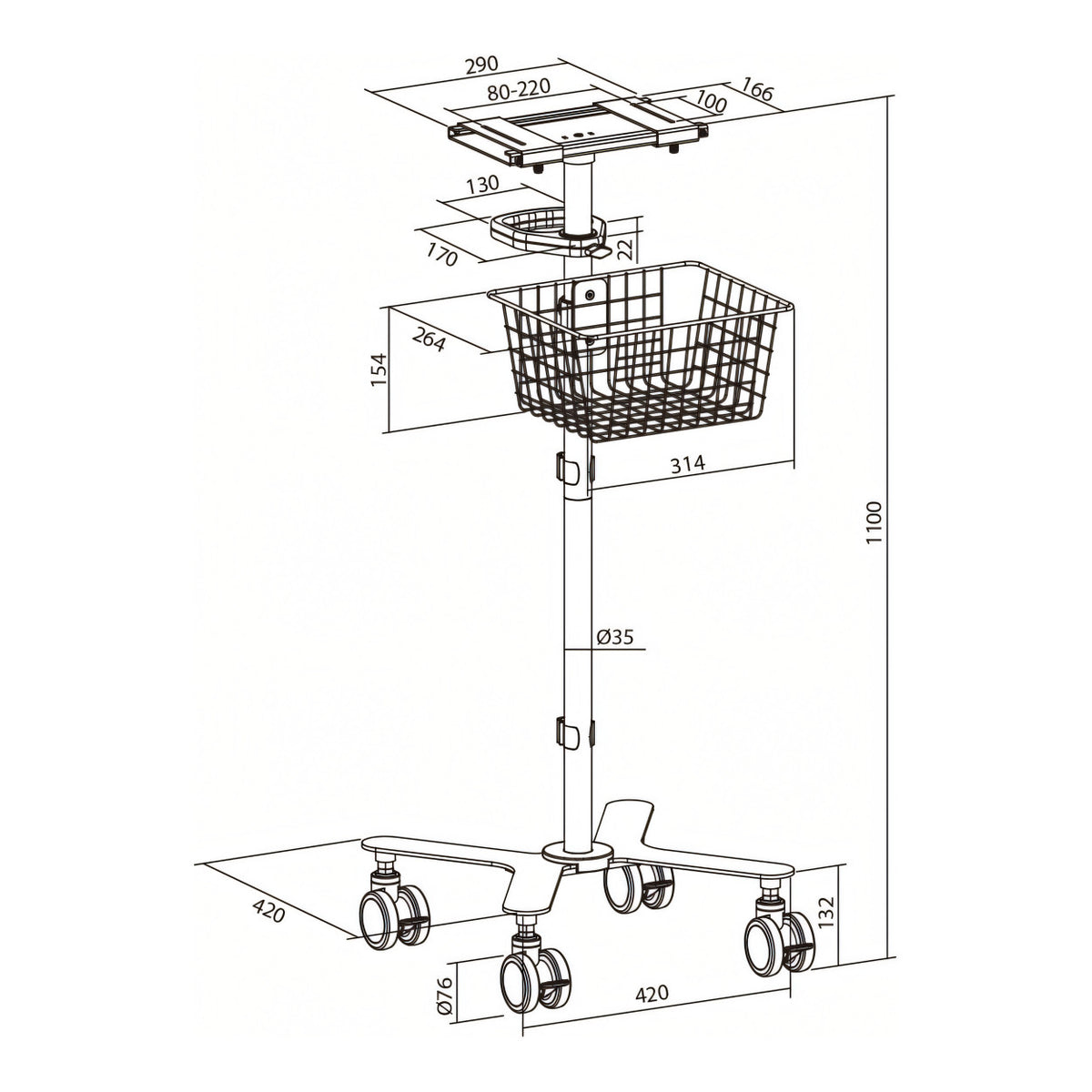 LinkQnet MED07-1 Patient Adjustable Platform Monitor Cart BRK-MED07-1
