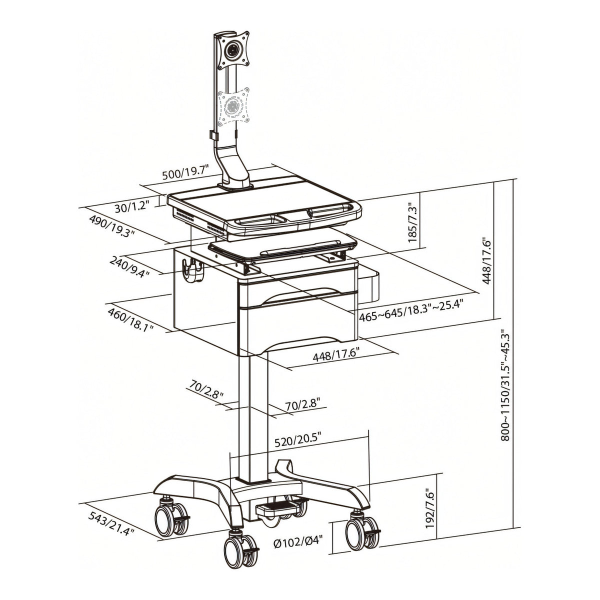 LinkQnet MED08-2 17-32-inch Monitor Arm Pneumatic Height-Adjustable Medical Cart with Drawers BRK-MED08-2