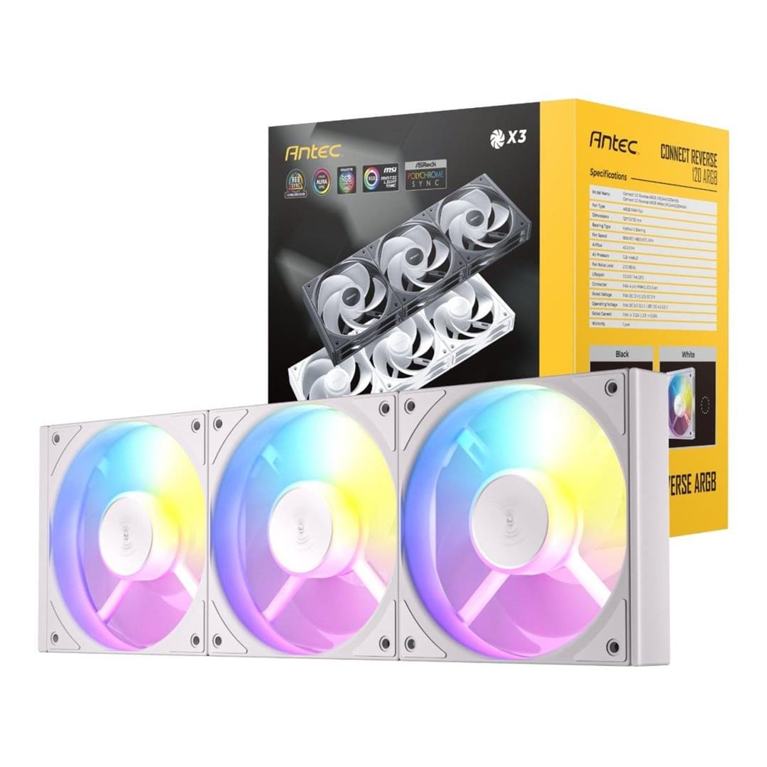 Antec Connect 120 Reverse ARGB PWM Case Fan 3-pack - White